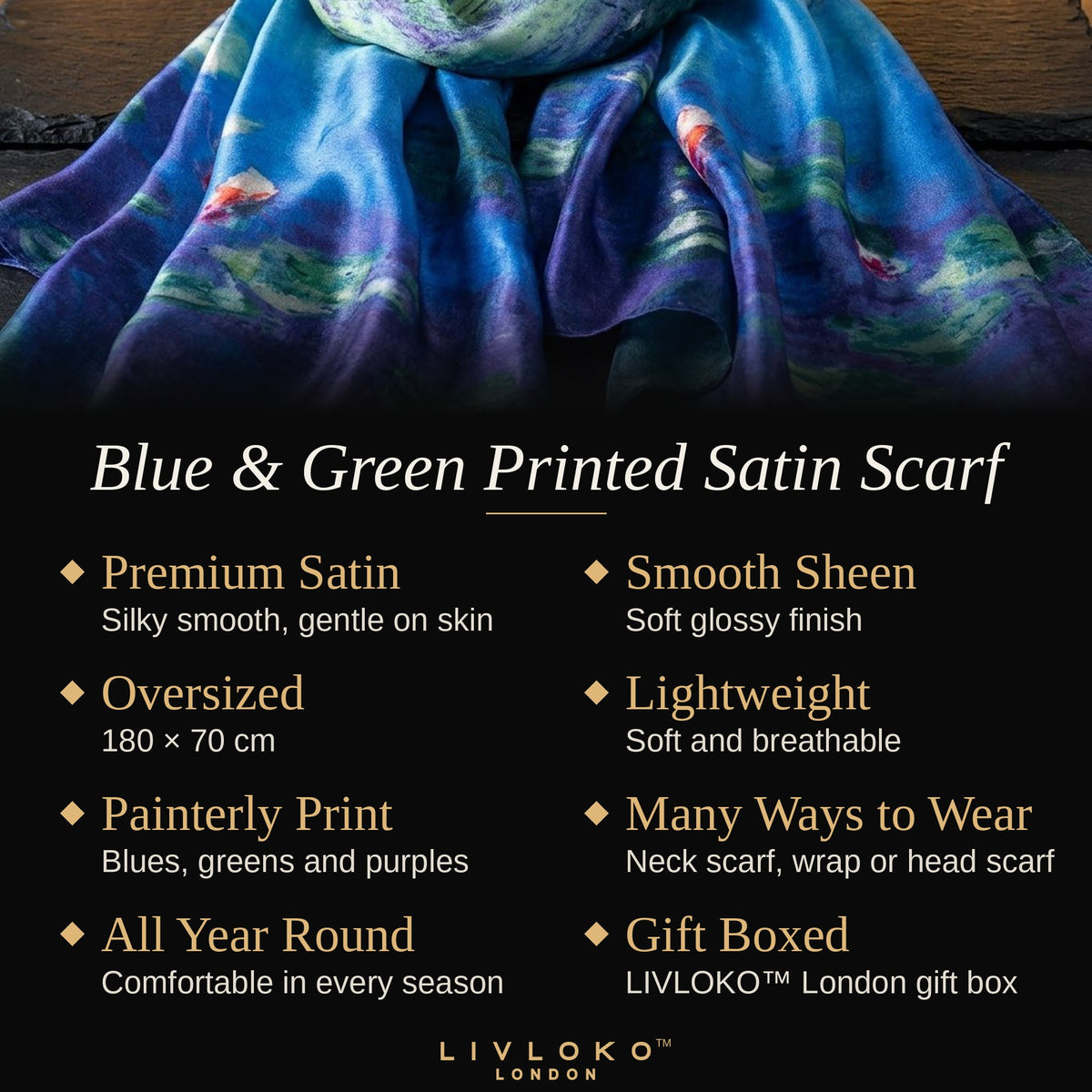 Key features of the blue and green printed satin scarf: premium satin, 180 × 70 cm, lightweight, gift boxed