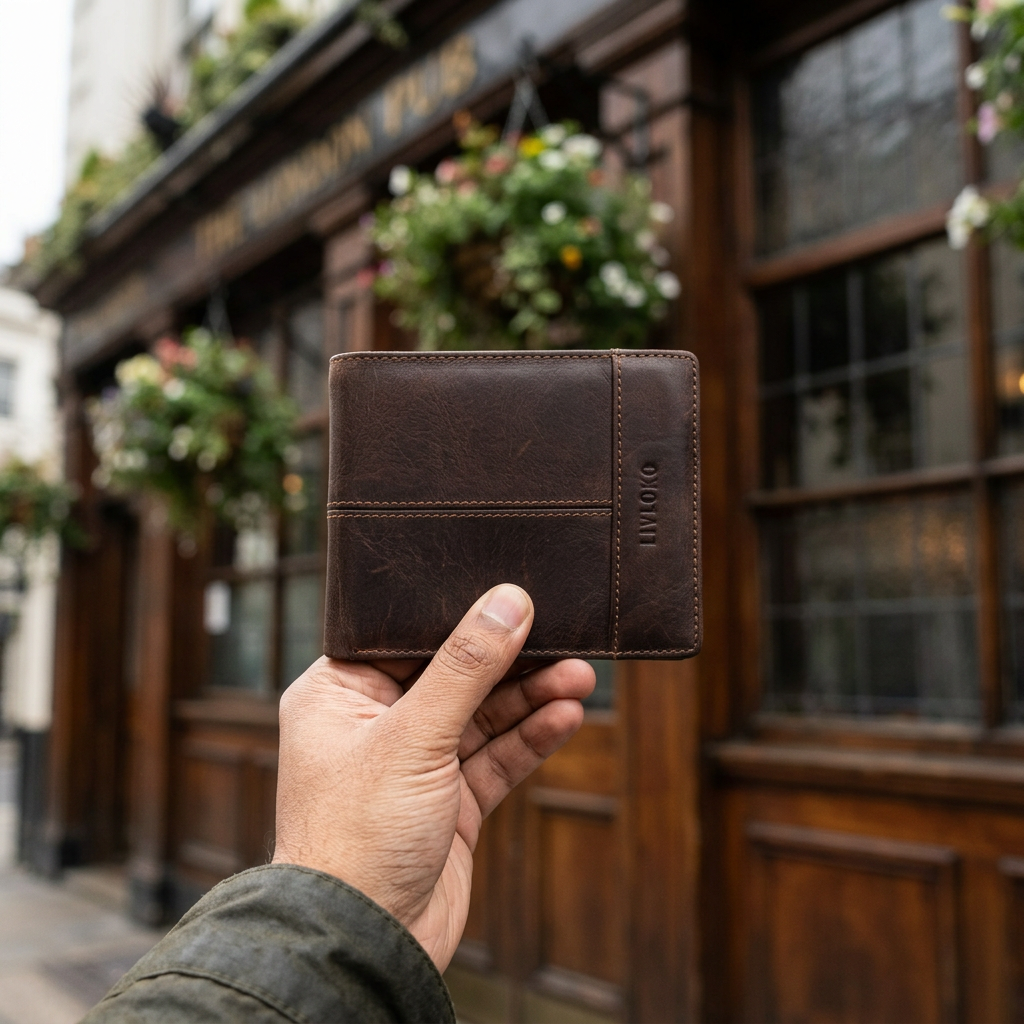 Man holding the LIVLOKO London brown leather billfold wallet with zip coin pocket, London