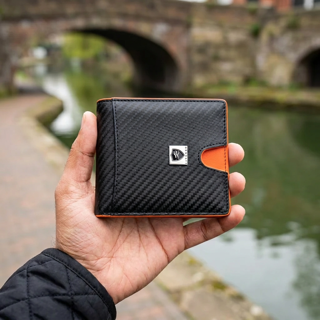 Man holding the LIVLOKO London black and orange carbon fibre RFID bifold wallet by a London canal