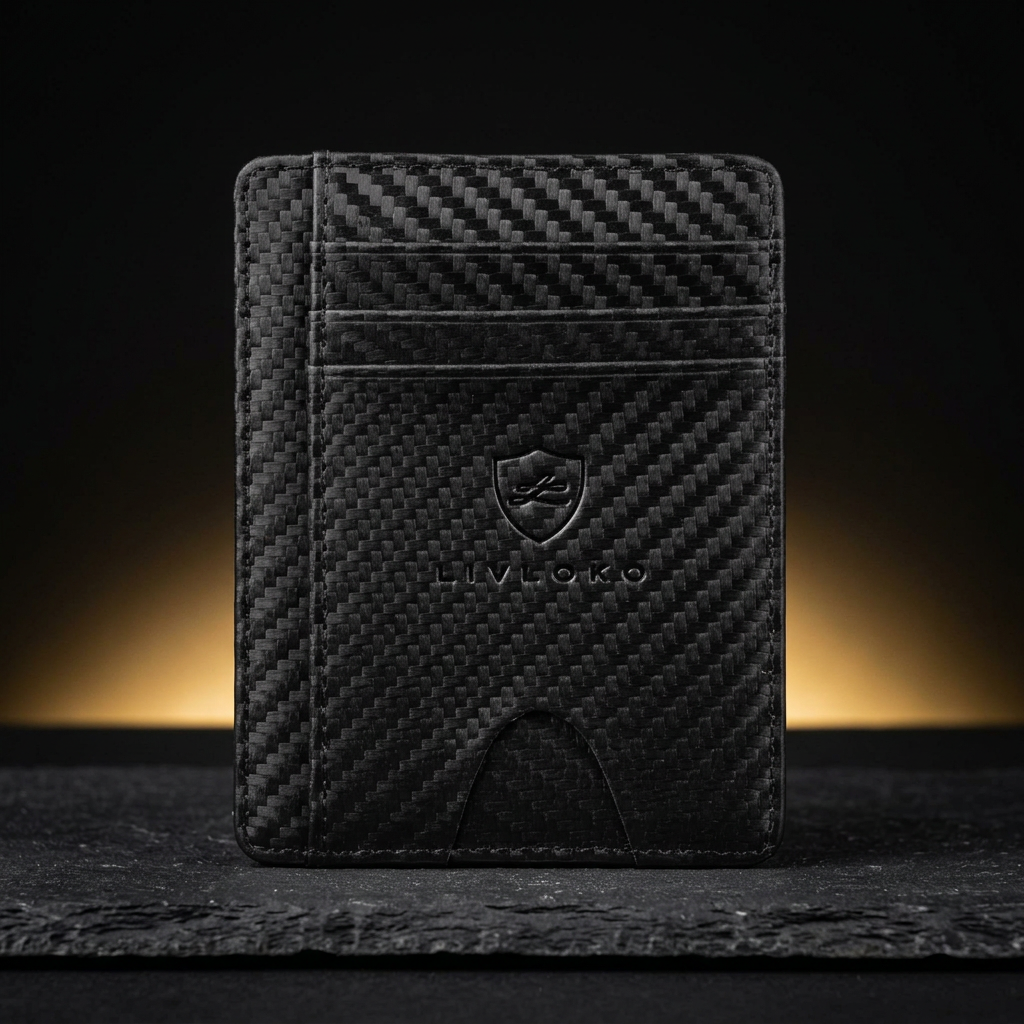 LIVLOKO London men's slim black carbon fibre style RFID card holder with money clip on dark slate