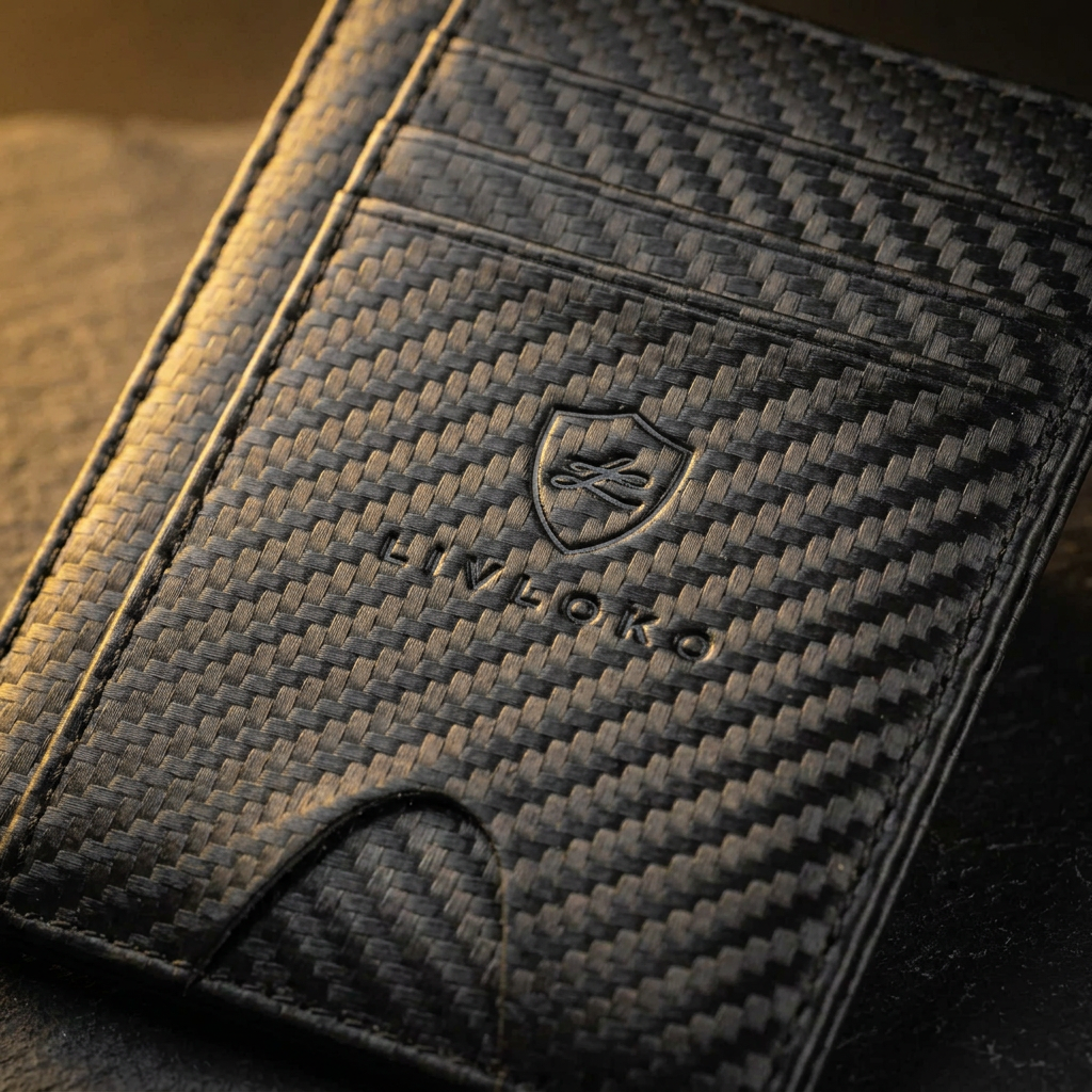 Close-up of the men's slim black carbon fibre style RFID card holder showing the weave and embossed logo