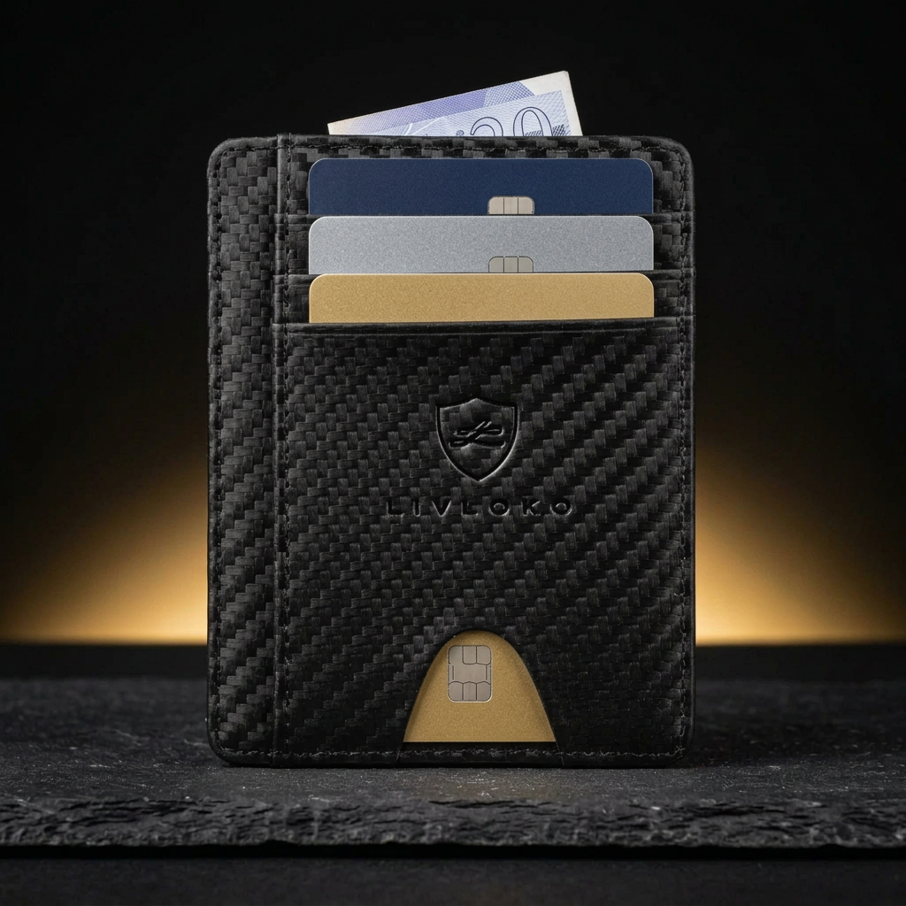 LIVLOKO London slim carbon fibre RFID card holder in use with cards in the slots and a banknote