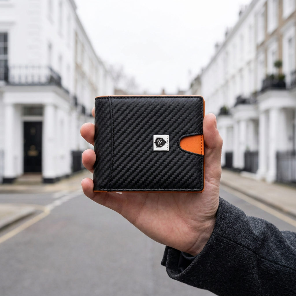 Man holding the LIVLOKO London carbon fibre designer RFID card wallet with orange lining, London