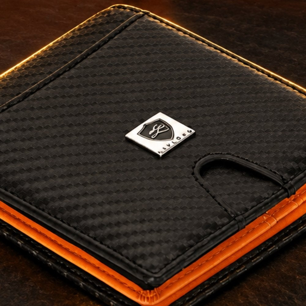 Close-up of the LIVLOKO London carbon fibre RFID card wallet showing the LIVLOKO shield badge, weave and orange edge