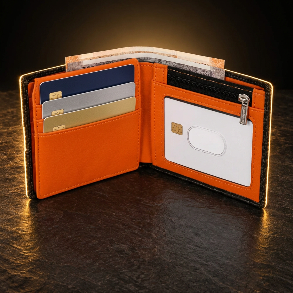 LIVLOKO London carbon fibre RFID card wallet open in use with cards, banknotes and ID window