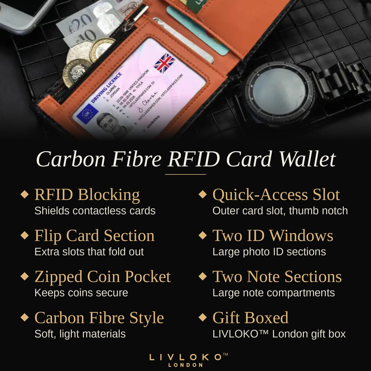 Key features of the carbon fibre style RFID card wallet