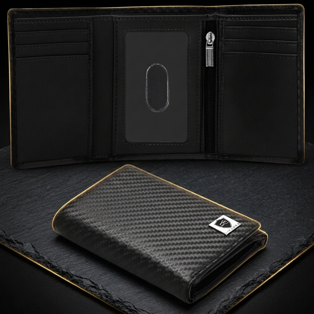 Men's carbon fibre RFID trifold wallet in black, shown open with ID window and zip pocket and folded closed, on dark slate