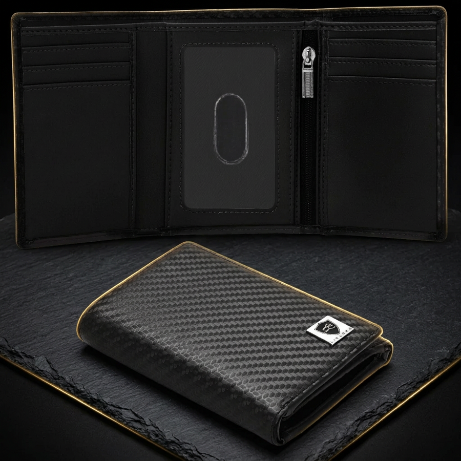 Men's Carbon Fibre RFID Trifold Wallet with Coin Pocket