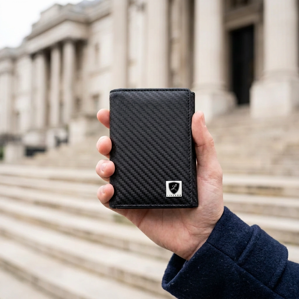 Man holding the LIVLOKO London carbon fibre RFID trifold wallet with LIVLOKO shield badge, London
