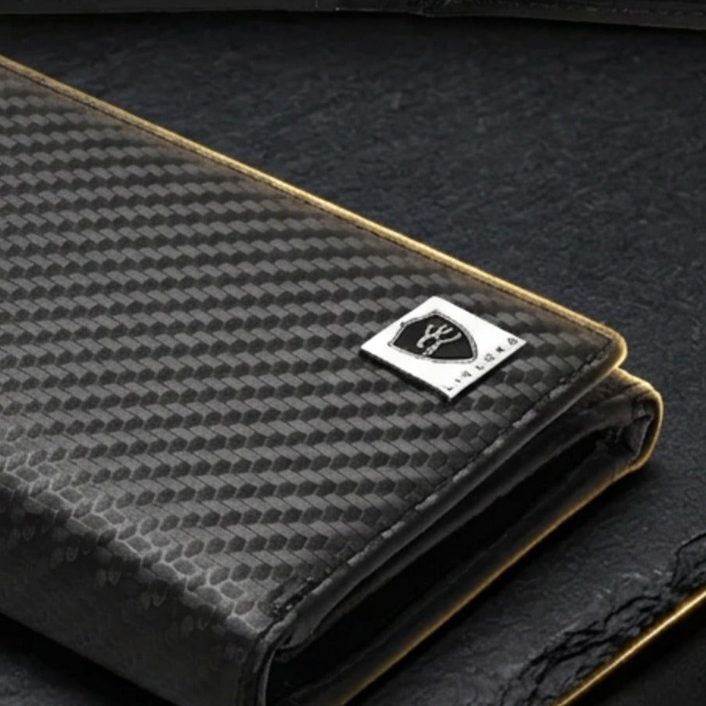 Close-up of the LIVLOKO London carbon fibre RFID trifold wallet showing the LIVLOKO shield badge