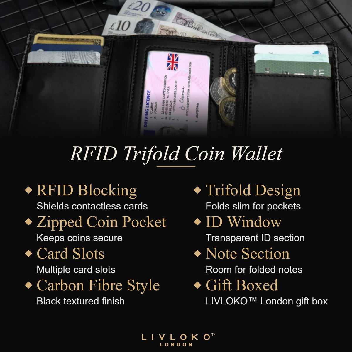 RFID Trifold Coin Wallet key features