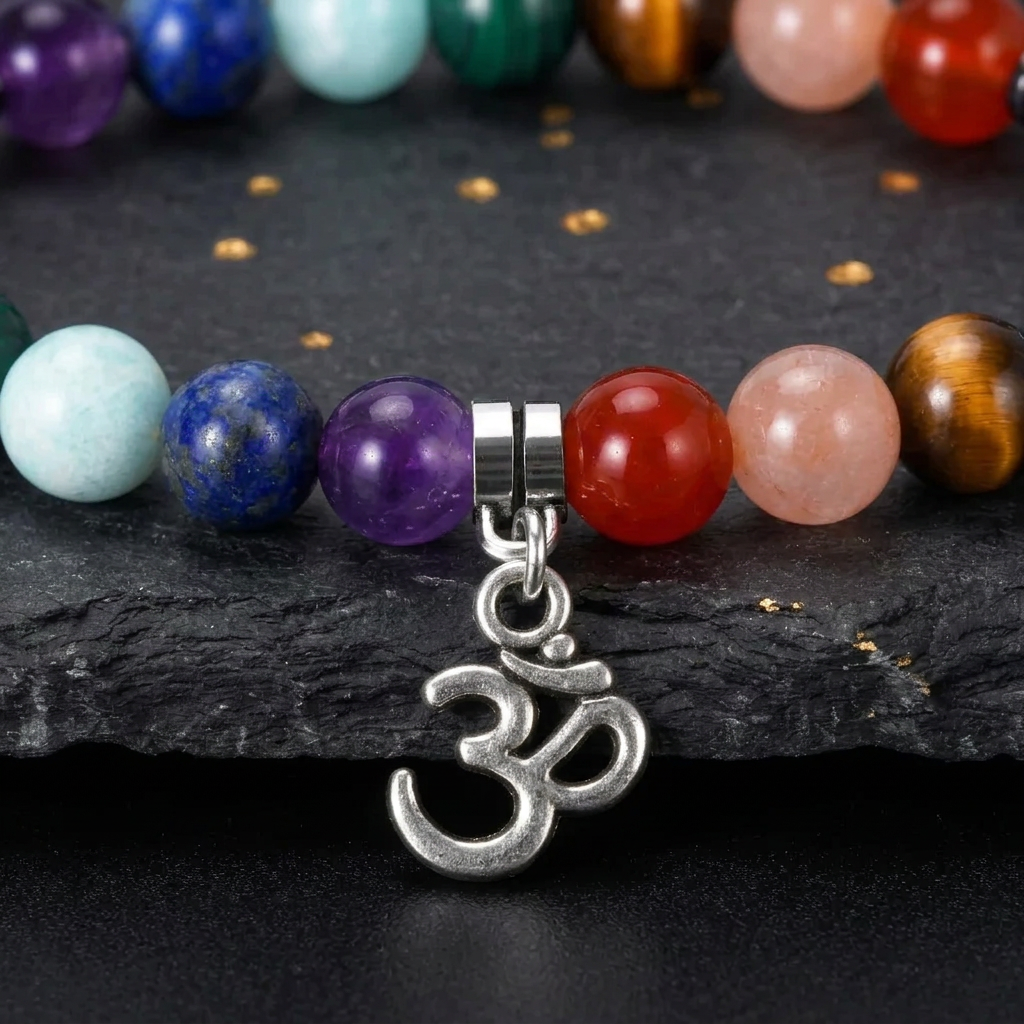 Close-up of the Om charm and chakra stone colour beads on the Livloko London bracelet