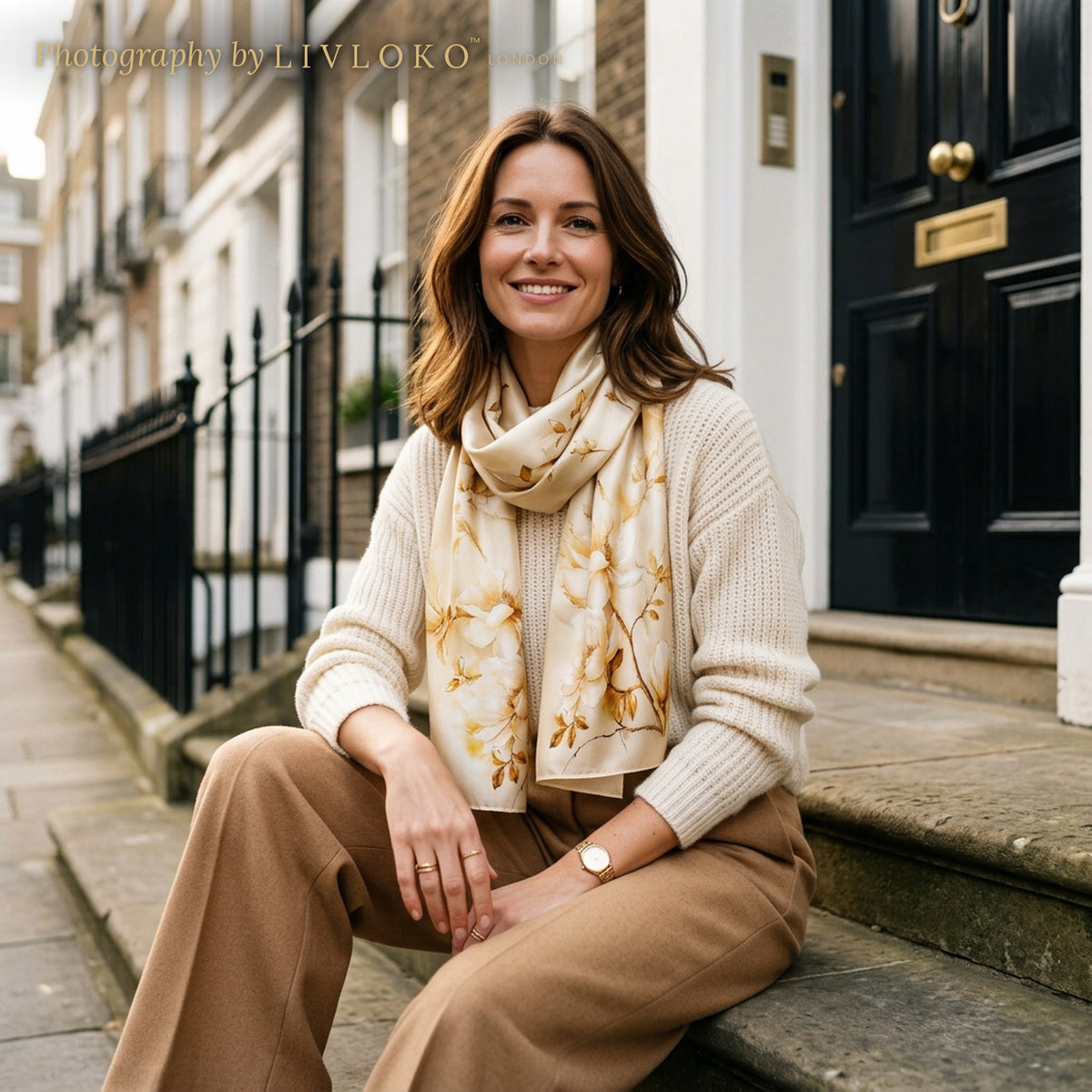 Woman wearing the Champagne Blossom beige and gold silk scarf wrapped around the neck in London