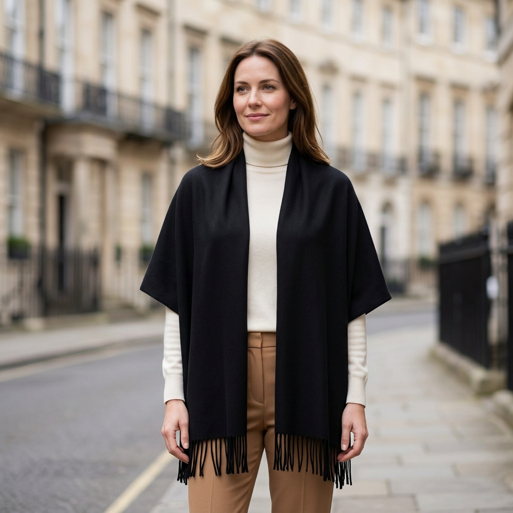 Woman wearing the Livloko London classic black pashmina shawl wrap, 200 x 80 cm, draped over her shoulders