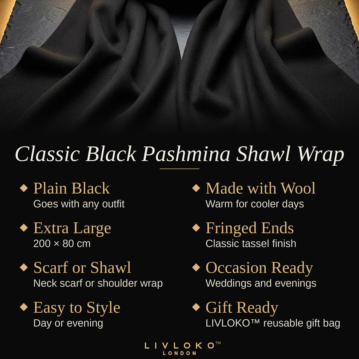 Key features of the Livloko London classic black pashmina shawl wrap, 200 x 80 cm