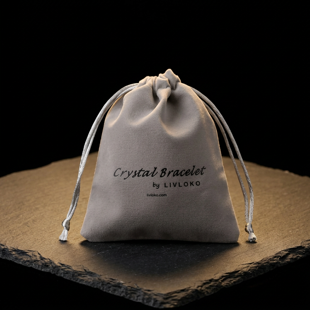 Grey drawstring gift pouch printed with Crystal Bracelet by LIVLOKO, on dark slate