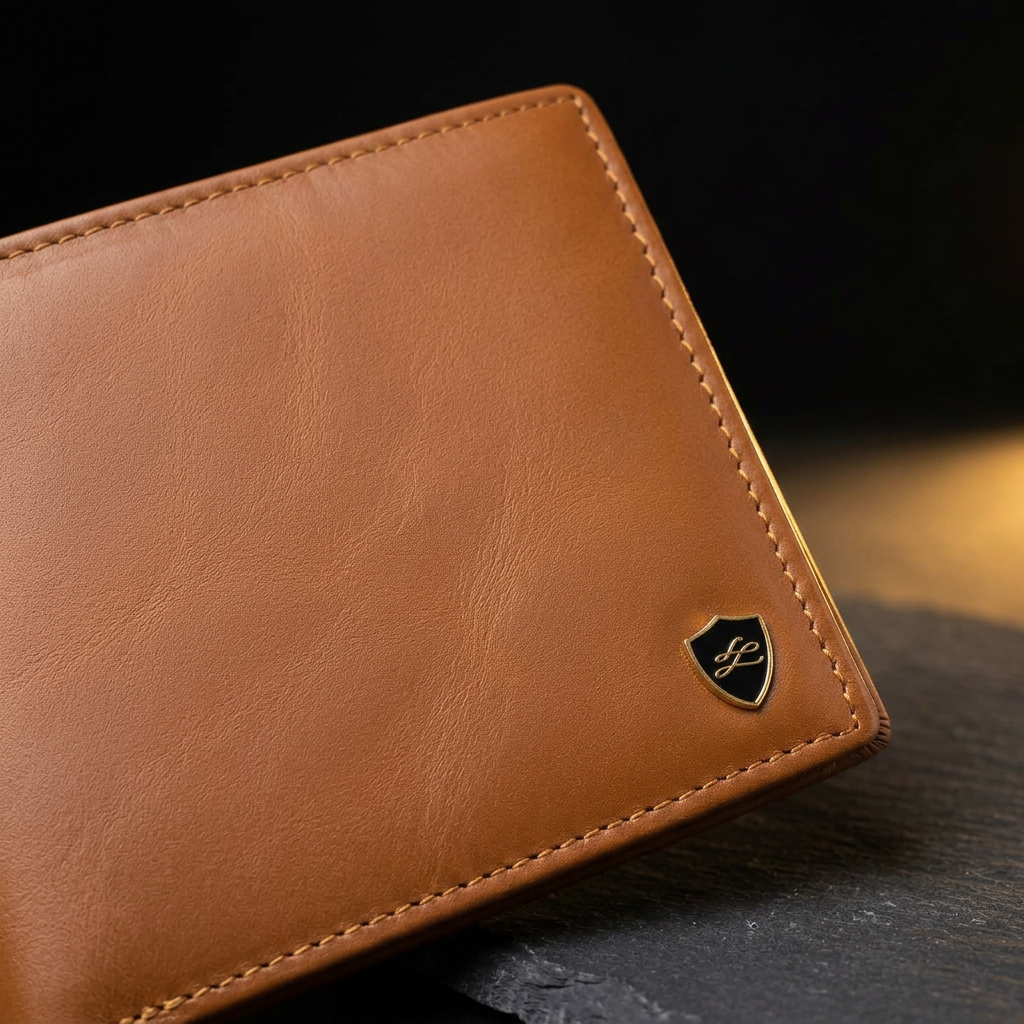 Close-up of the LIVLOKO London tan leather wallet showing the leather grain, stitching and shield badge
