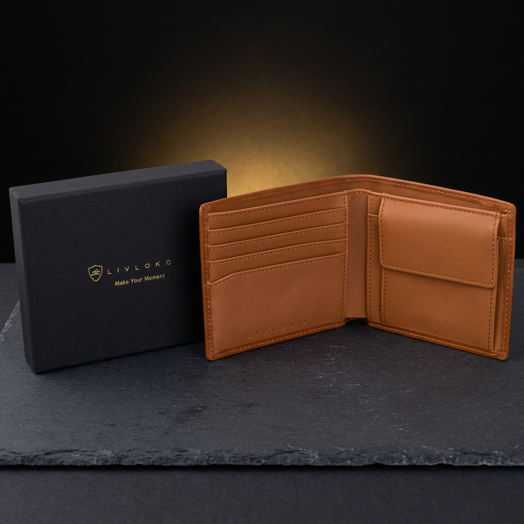 LIVLOKO London tan leather wallet shown with its black gift box on dark slate
