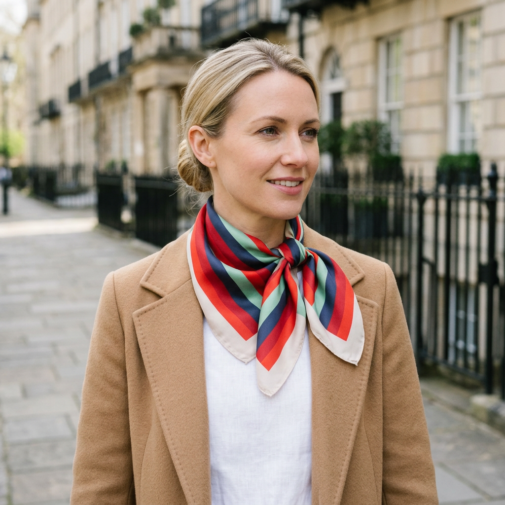 Woman wearing the designer silk square scarf in blue, red and green, tied at the neck in London