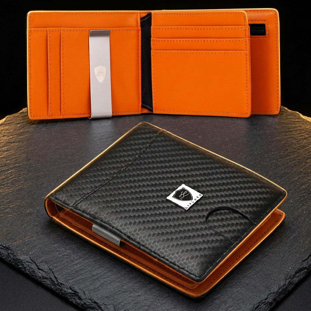 LIVLOKO London men's carbon fibre money clip card holder wallet with orange interior, open and closed on dark slate