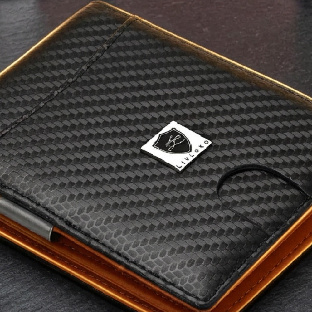 Close-up of the LIVLOKO London carbon fibre money clip card holder showing the LIVLOKO shield badge