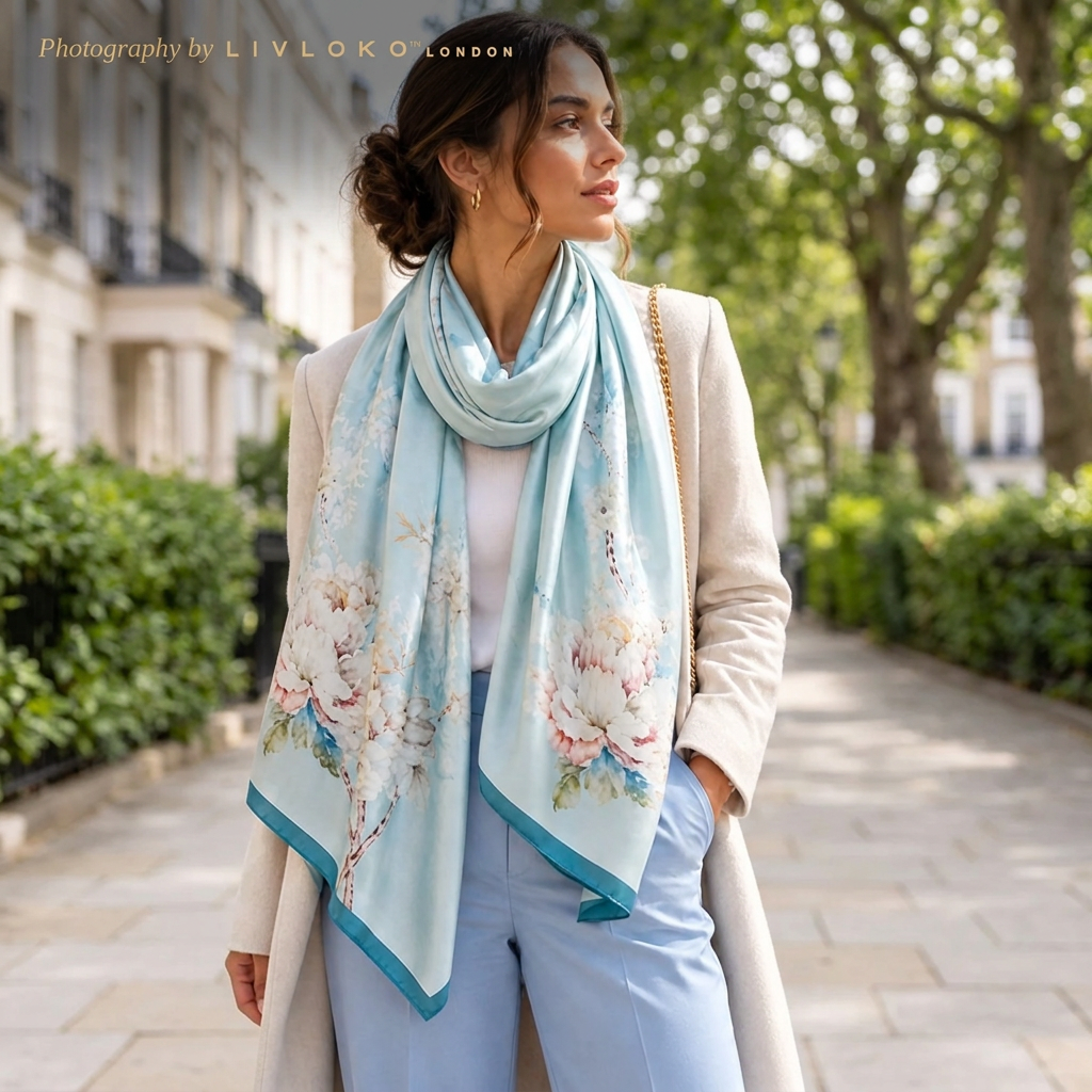 Woman wearing the LIVLOKO London Floral Blossom light blue mulberry silk scarf in London