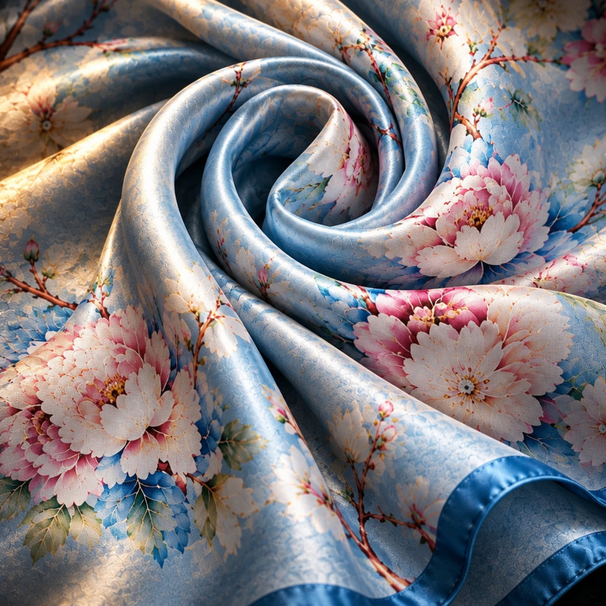 Close-up of light blue silk swirled to show the blossom print and blue border
