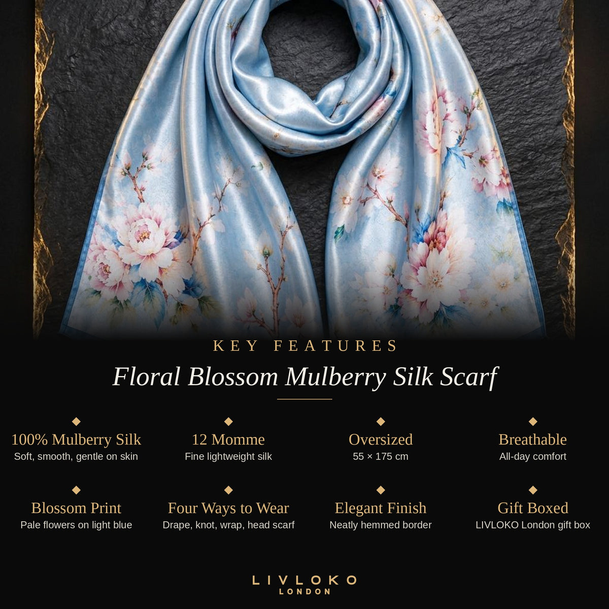 Key features of the Floral Blossom light blue silk scarf: 100% mulberry silk, 12 momme, 55 × 175 cm, gift boxed