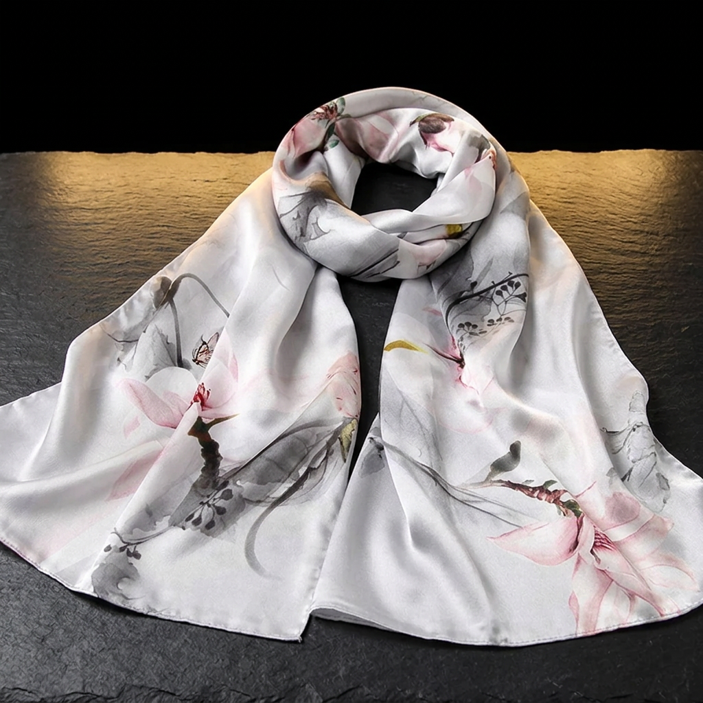 Silver floral satin scarf for women with pink flower details, laid flat on dark slate