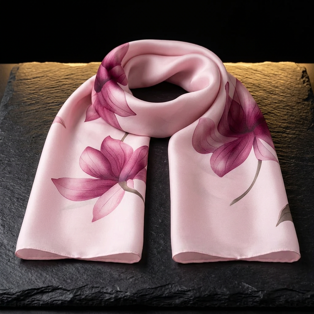 Oriental Rose pink floral satin scarf in red and pink tones, laid flat on dark slate