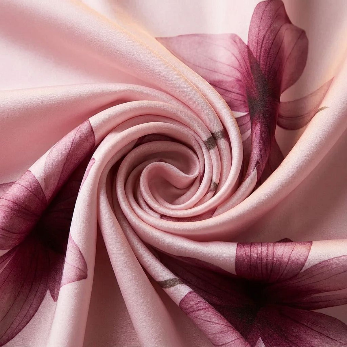 Close-up of the pink satin scarf swirled to show the Oriental Rose floral print