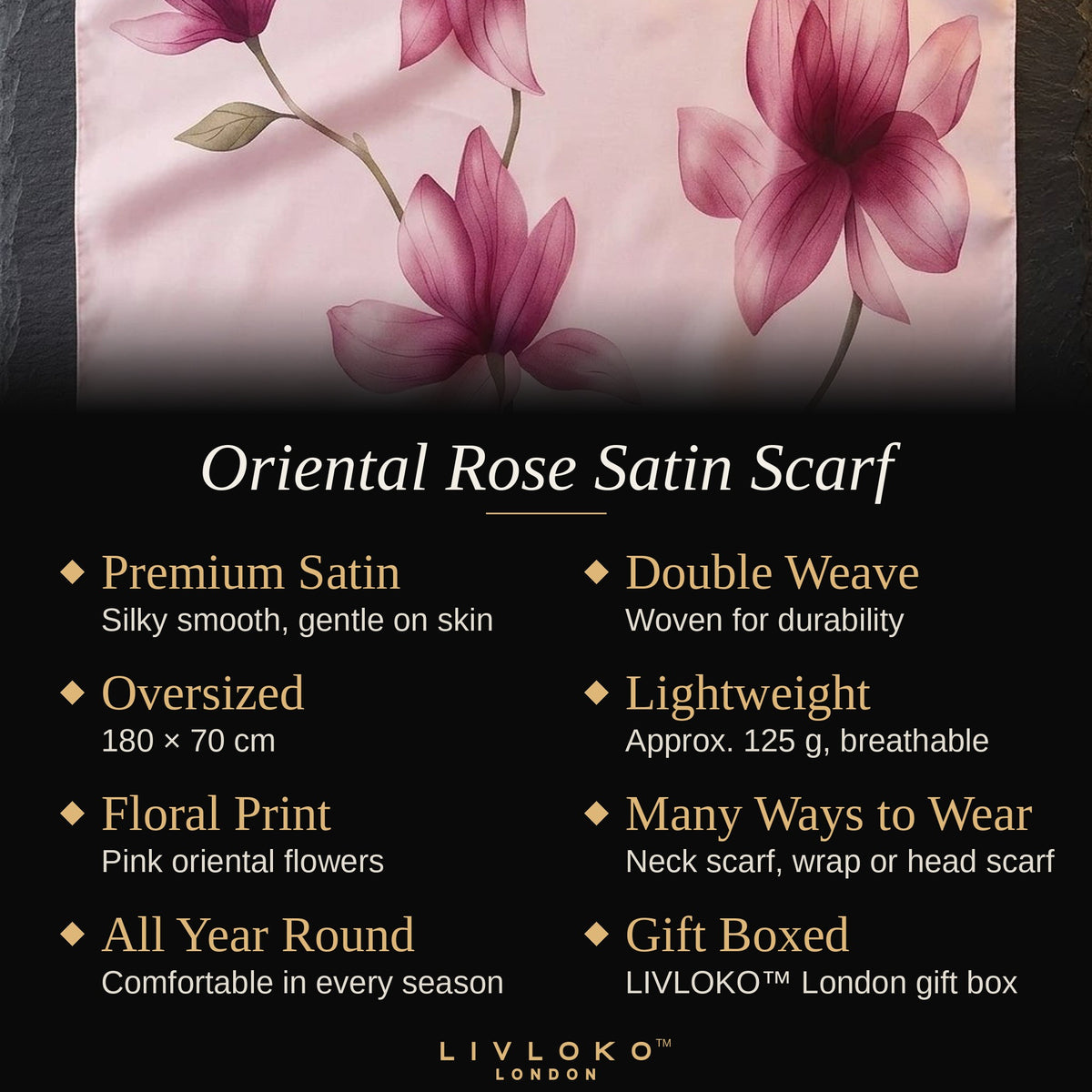 Key features of the Oriental Rose pink floral satin scarf: premium satin, double weave, 180 × 70 cm, gift boxed
