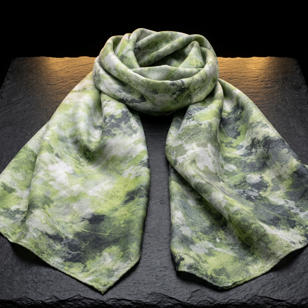 Fruit Trees in Bloom green floral satin scarf for women, laid flat on dark slate