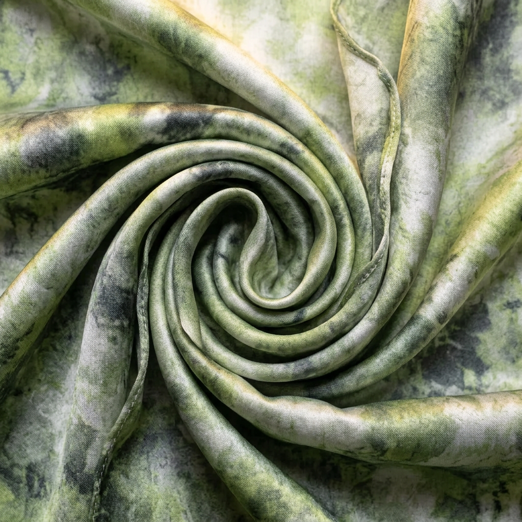Close-up of the Livloko London Fruit Trees in Bloom green satin scarf showing the print and satin sheen