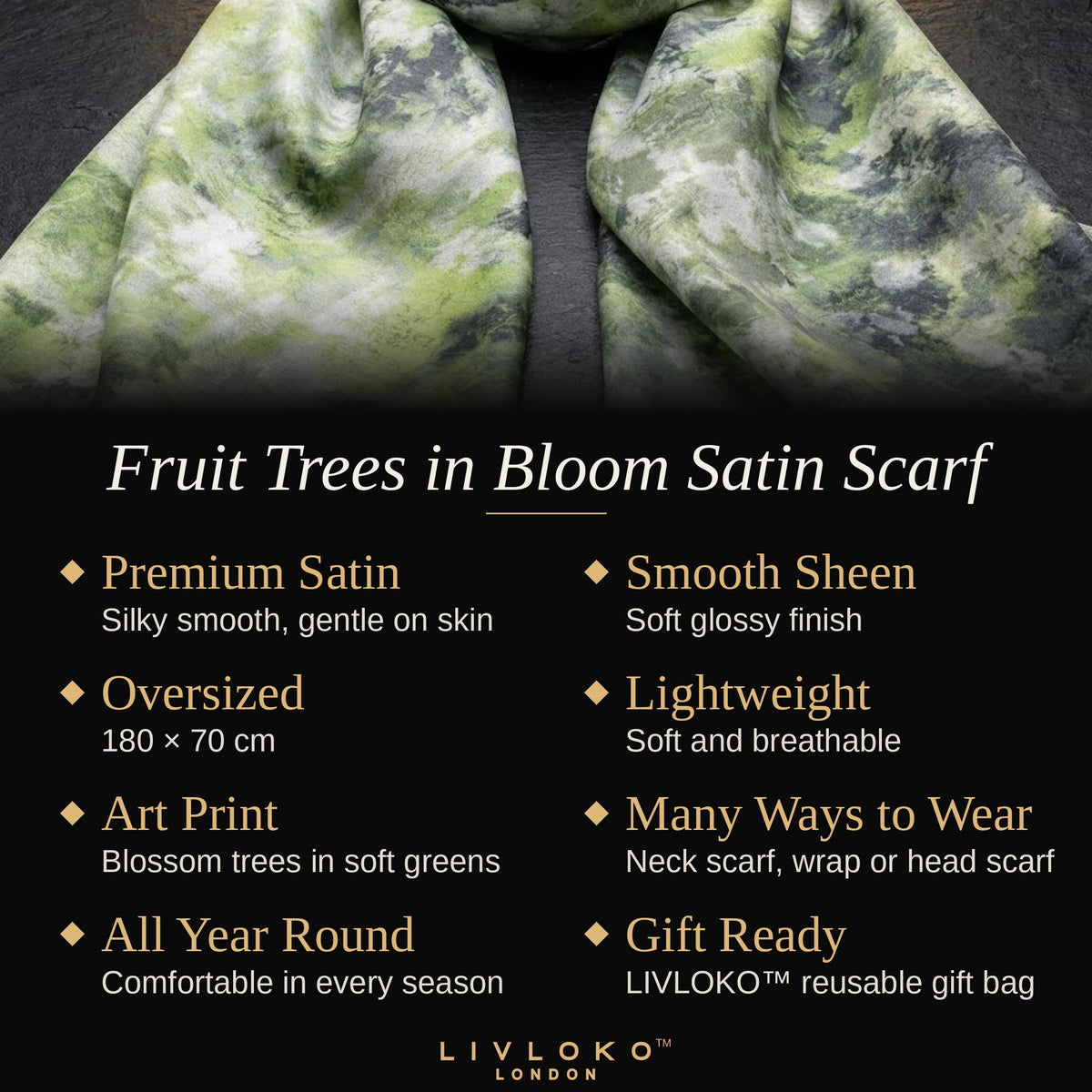 Key features of the Fruit Trees in Bloom green floral satin scarf: premium satin, 180 × 70 cm, lightweight, many ways to wear