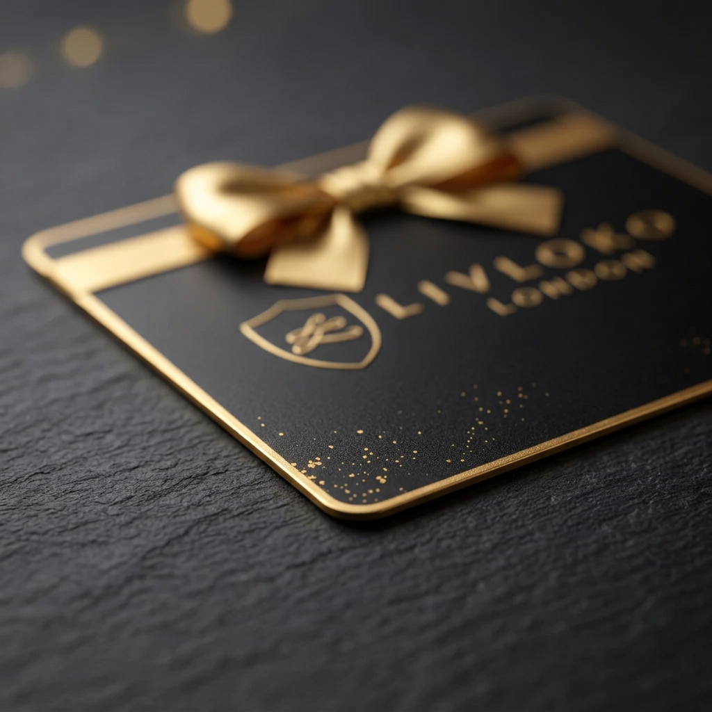 Close-up of the LIVLOKO LONDON gift card with a gold bow on a dark slate surface