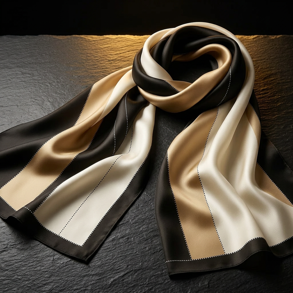 Gold, black and white colour-block satin scarf for women, laid flat on dark slate
