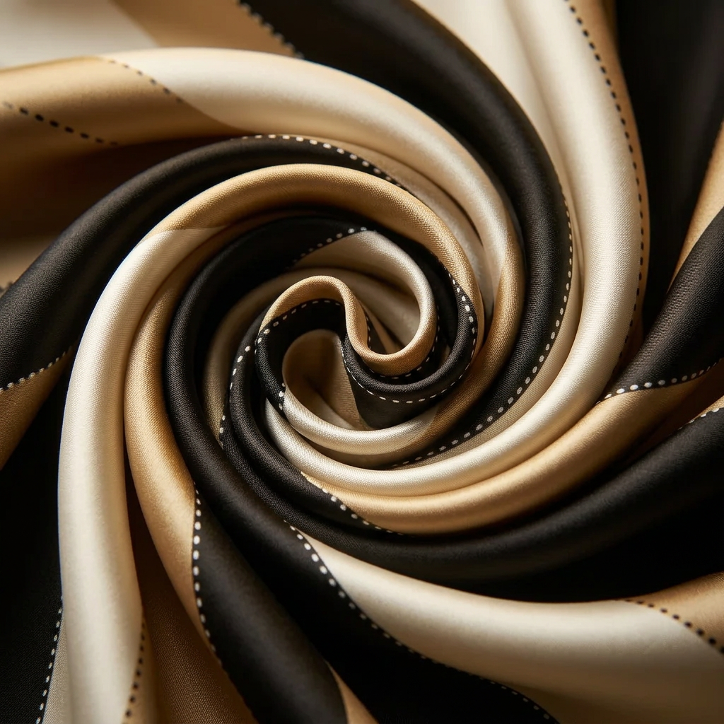 Close-up of the Livloko London gold, black and white satin scarf showing the print and satin sheen