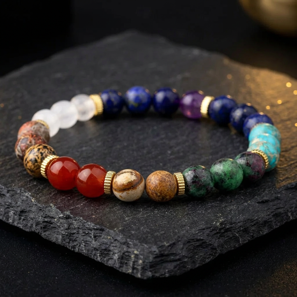 Close-up of chakra colour stone beads and gold plated spacers on a bracelet from the Livloko London set