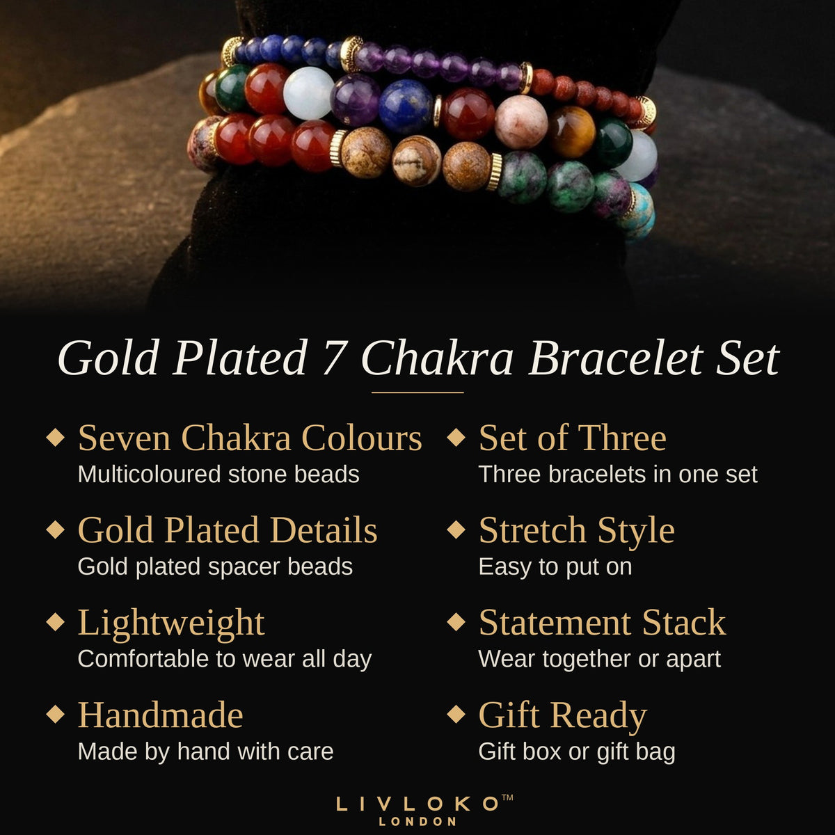 Key features of the Livloko London gold plated 7 chakra bracelet set: set of three, stretch style, gift ready