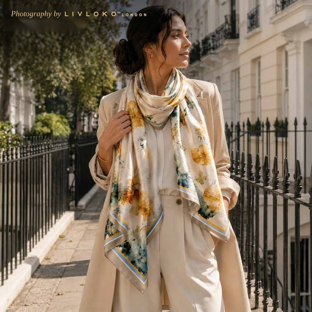 Woman wearing the LIVLOKO London Golden Bloom cream and gold mulberry silk scarf in London