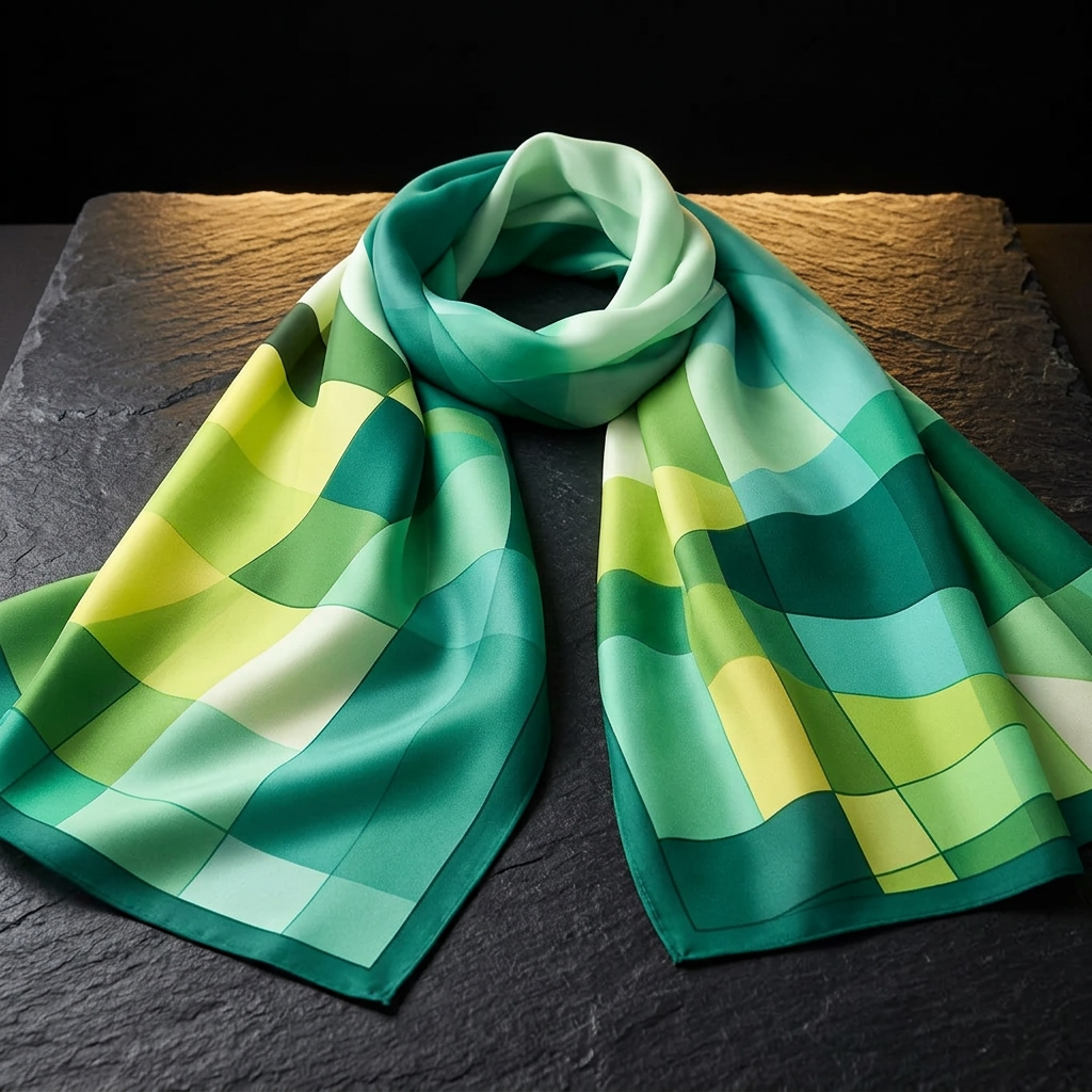 Green and yellow satin scarf for women with large geometric shapes, laid flat on dark slate