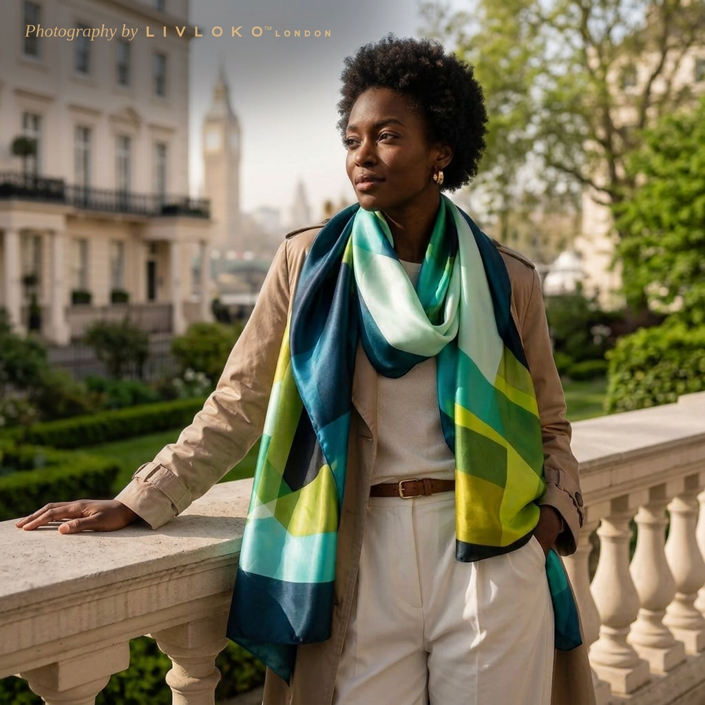 Woman wearing the LIVLOKO London green and yellow geometrical satin scarf in London