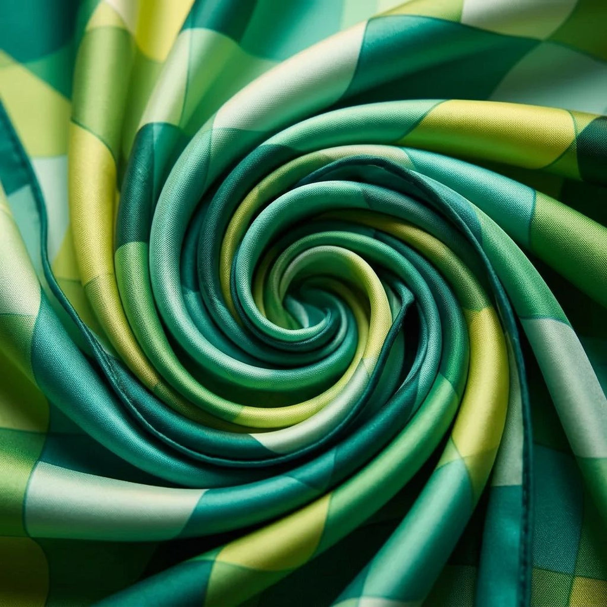 Close-up of the green and yellow satin scarf swirled to show the bright angular pattern