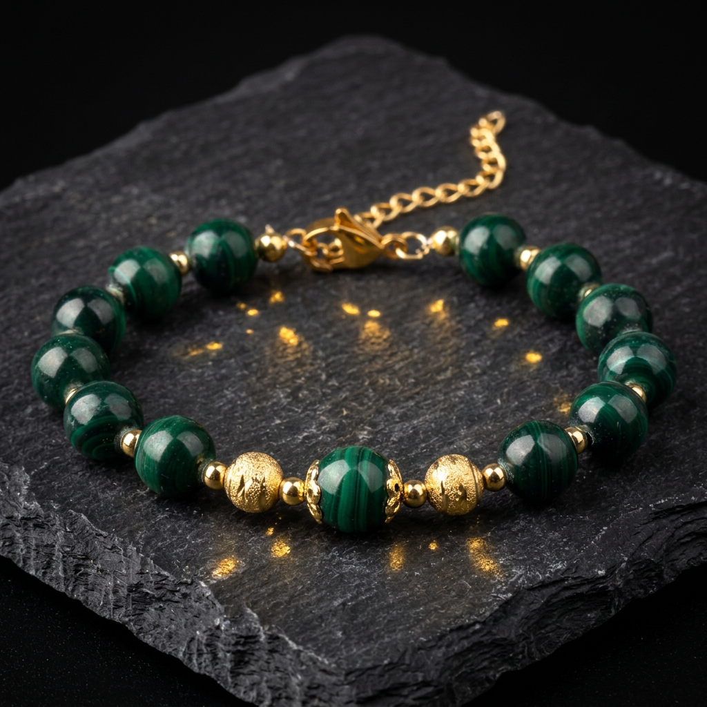 Green malachite bracelet with 18k gold plated beads, clasp and extension chain for women by Livloko London