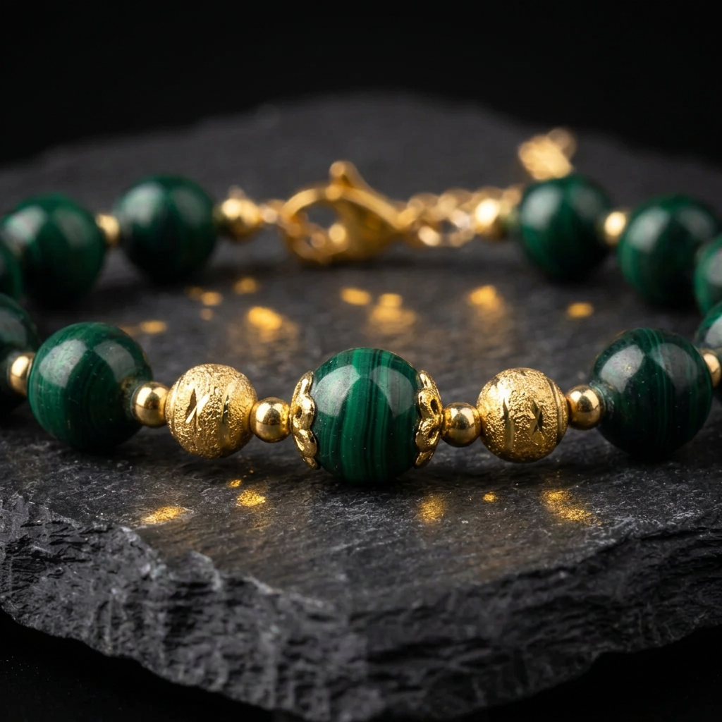 Close-up of banded green malachite beads and textured gold plated beads on the Livloko London bracelet