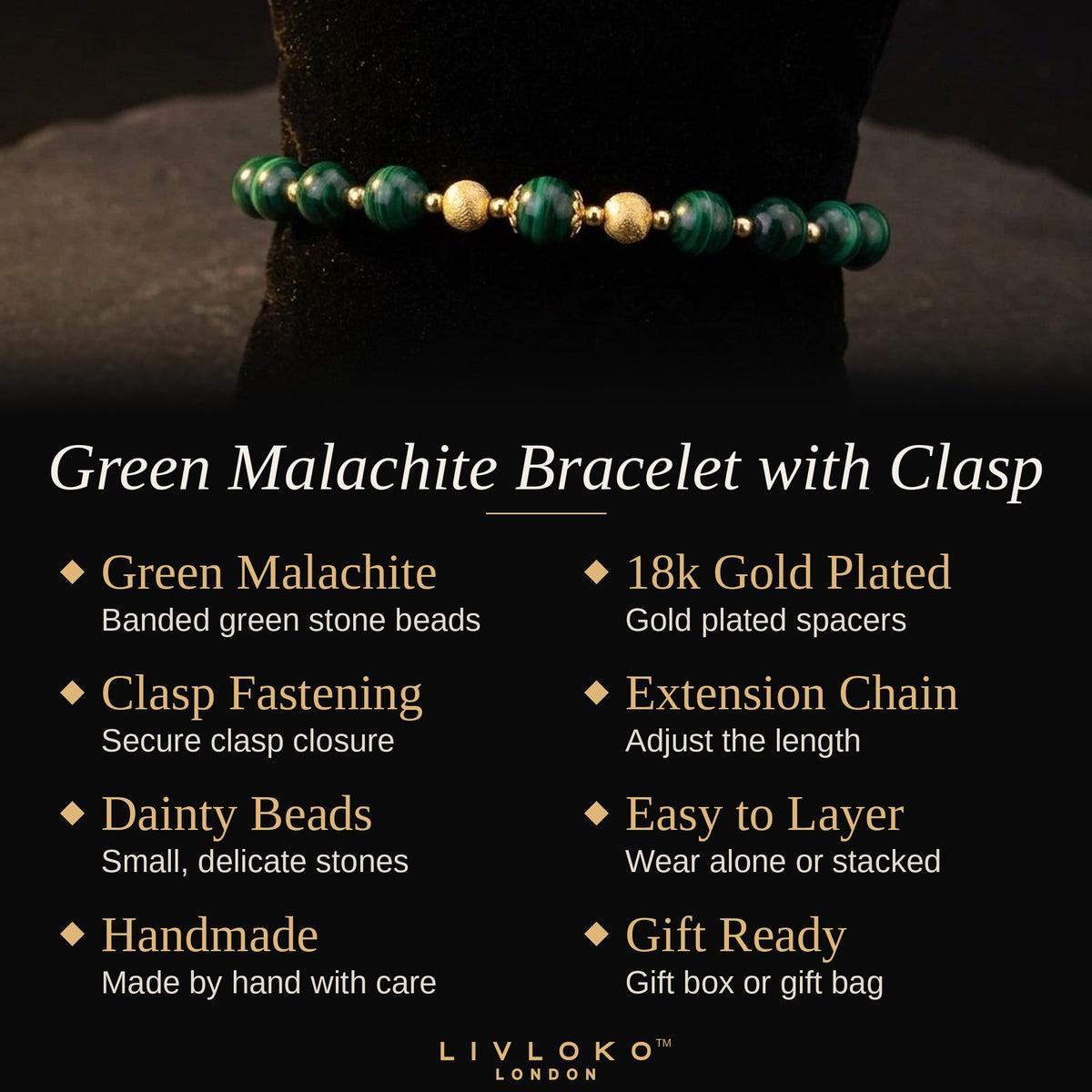 Key features of the Livloko London green malachite bracelet: 18k gold plated, clasp fastening, extension chain, gift ready