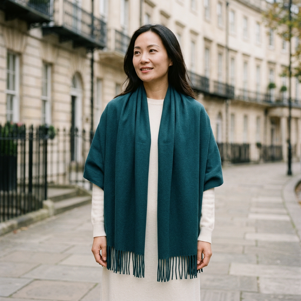 Woman wearing the green pashmina shawl wrap over her shoulders on a London street, showing its 200 x 80 cm size