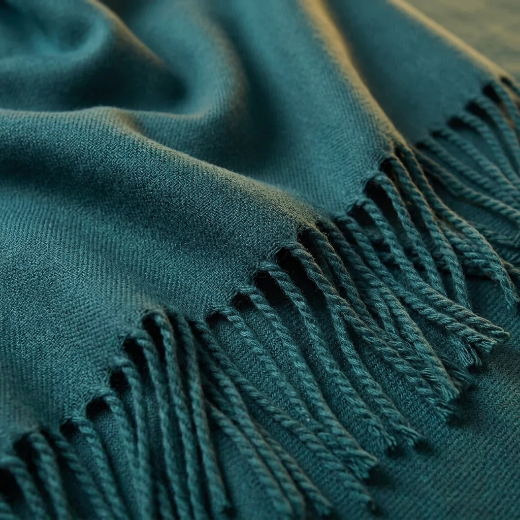 Close-up of the Livloko London green pashmina shawl wrap showing the woven fabric and tassel fringe