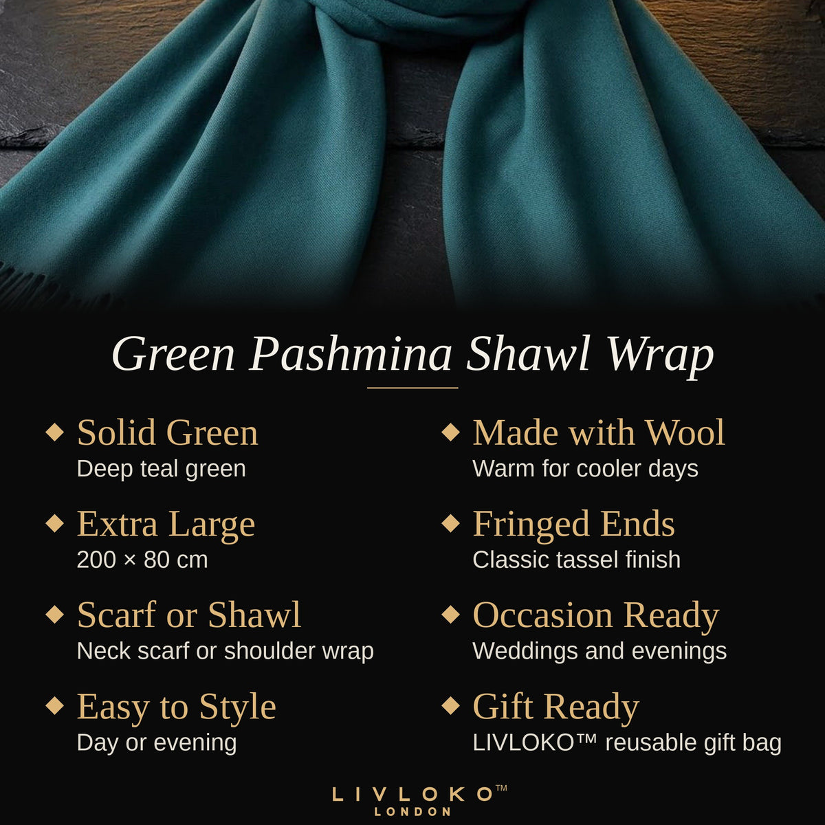 Key features of the Livloko London green pashmina shawl wrap, 200 x 80 cm